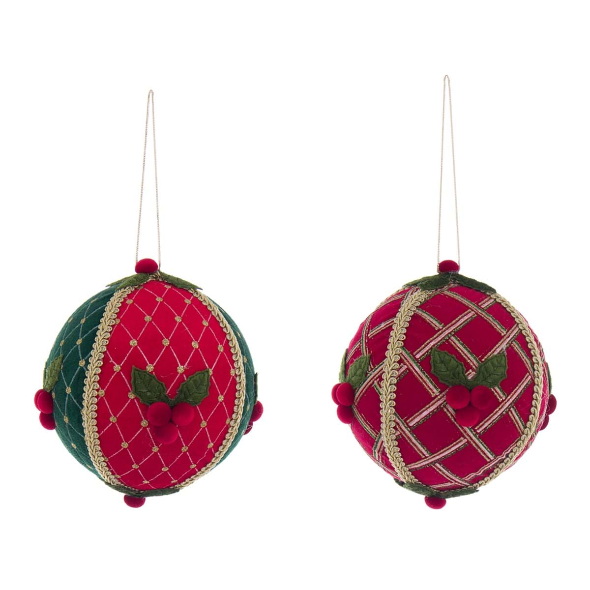 Bola de Navidad entelada roja y verde con acebo