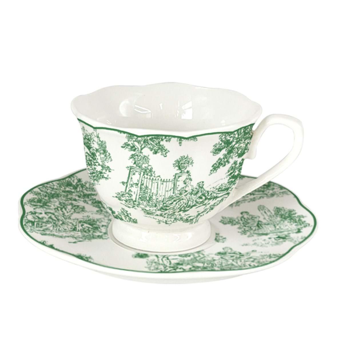 Taza con plato Toile de Jouy verde